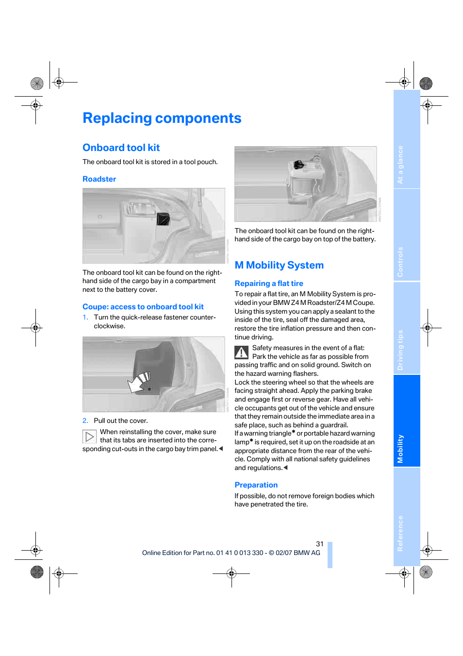 Replacing components, Onboard tool kit, M mobility system | BMW Z4 M Roadster 2007 User Manual | Page 33 / 50