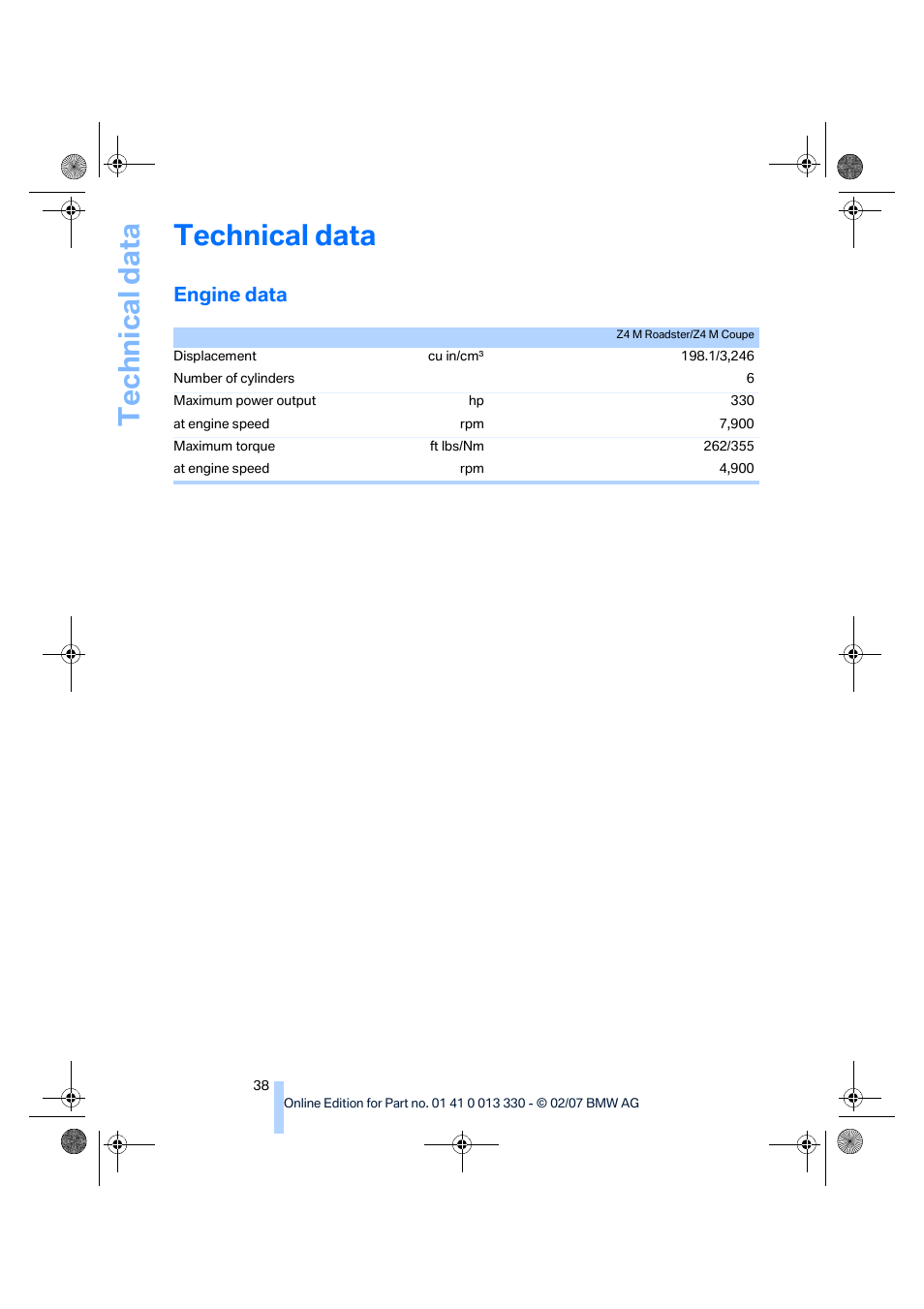 Technical data, Engine data | BMW Z4 M Roadster 2007 User Manual | Page 40 / 50
