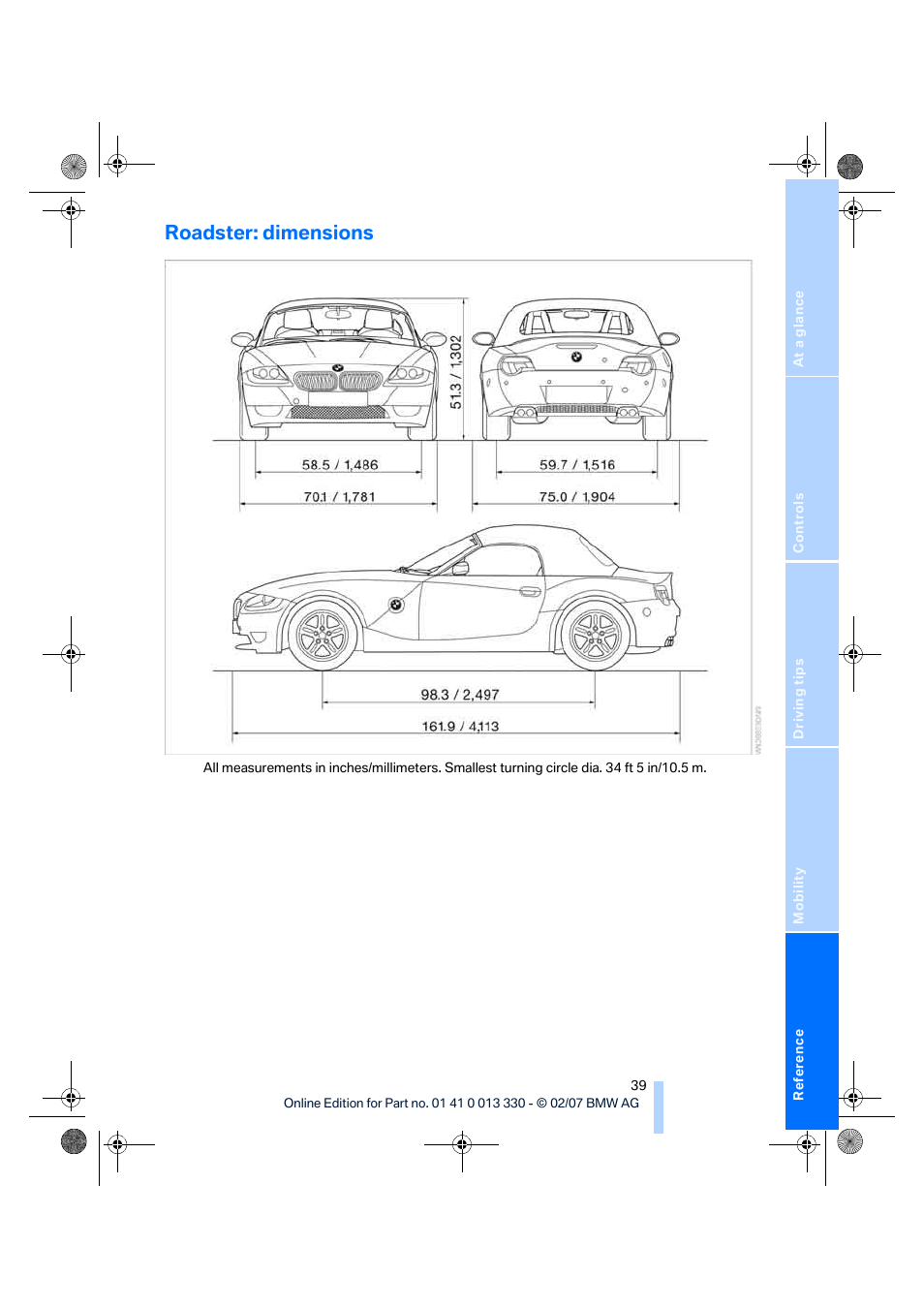 Roadster: dimensions | BMW Z4 M Roadster 2007 User Manual | Page 41 / 50