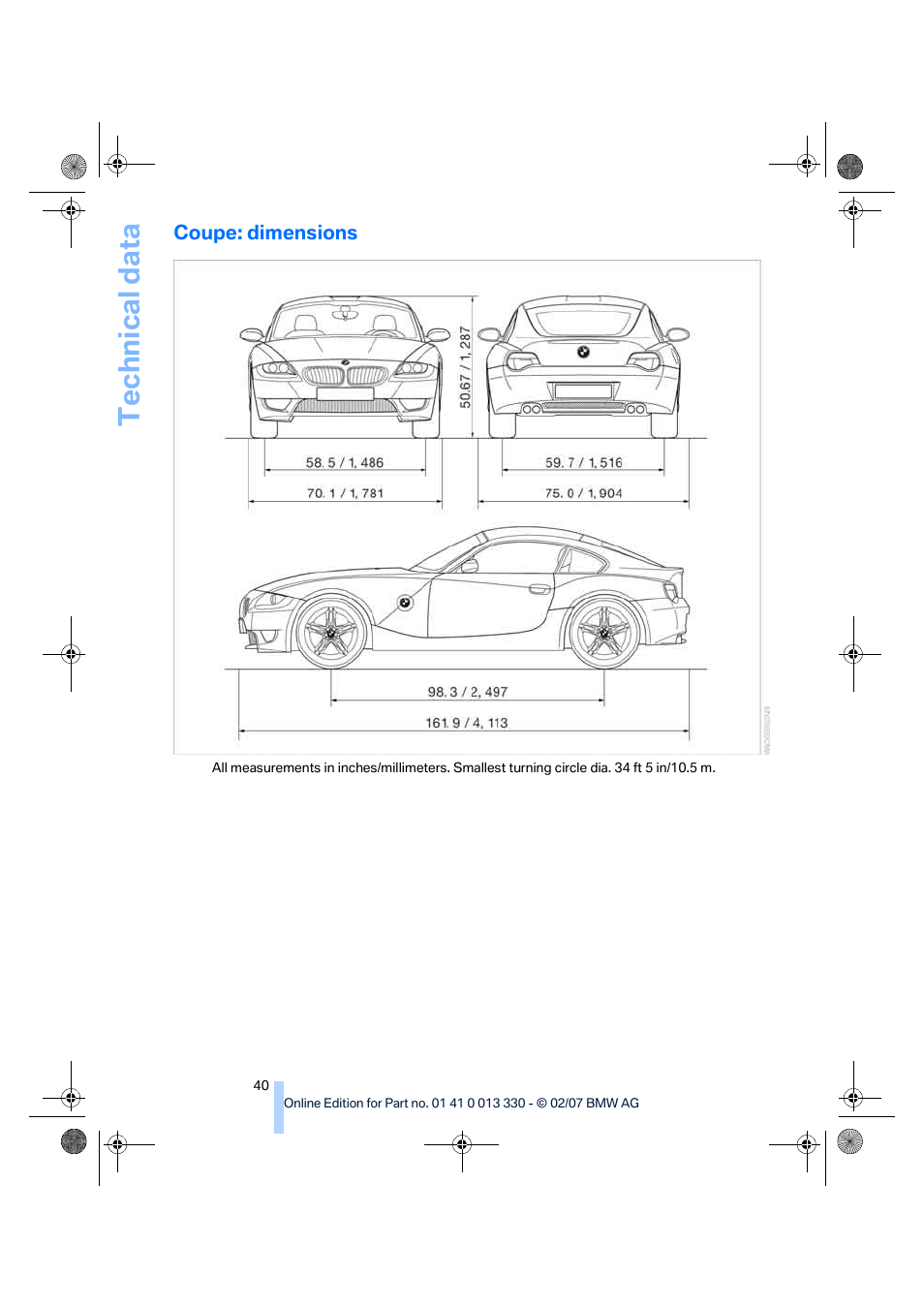 Coupe: dimensions, Technical data | BMW Z4 M Roadster 2007 User Manual | Page 42 / 50