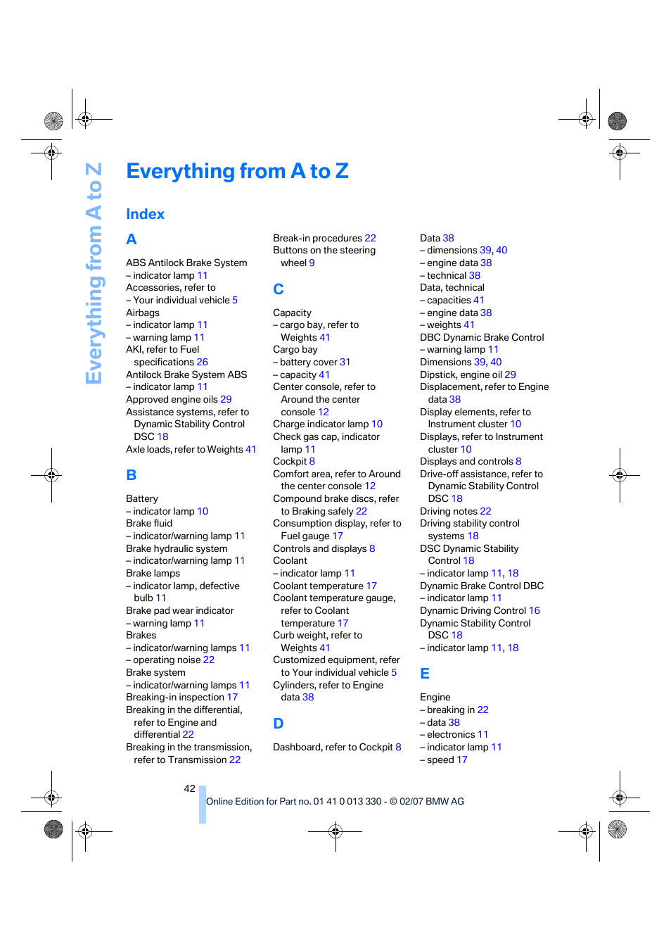 Everything from a to z, Index, Index a | BMW Z4 M Roadster 2007 User Manual | Page 44 / 50