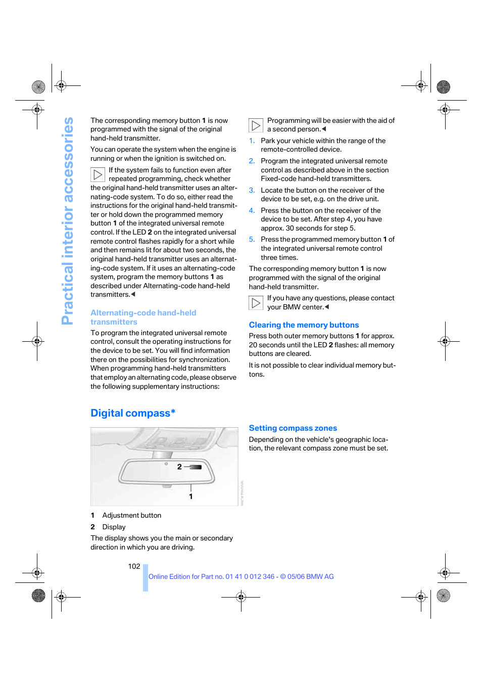 Digital compass, Practical interior accessories | BMW 330Ci Coupe 2006 User Manual | Page 104 / 239