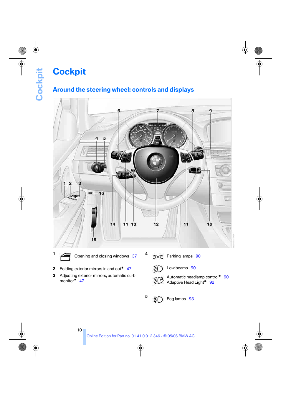 Cockpit, Around the steering wheel: controls and displays | BMW 330Ci Coupe 2006 User Manual | Page 12 / 239