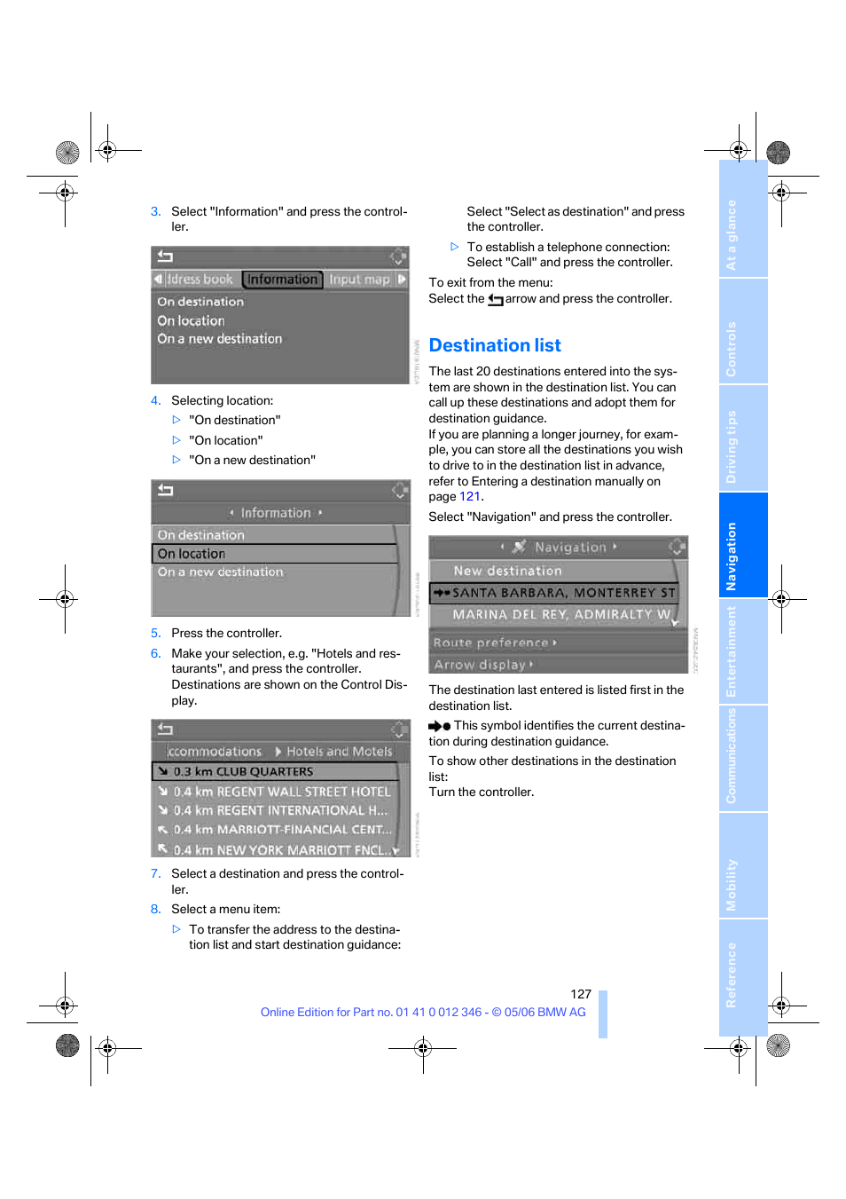Destination list | BMW 330Ci Coupe 2006 User Manual | Page 129 / 239