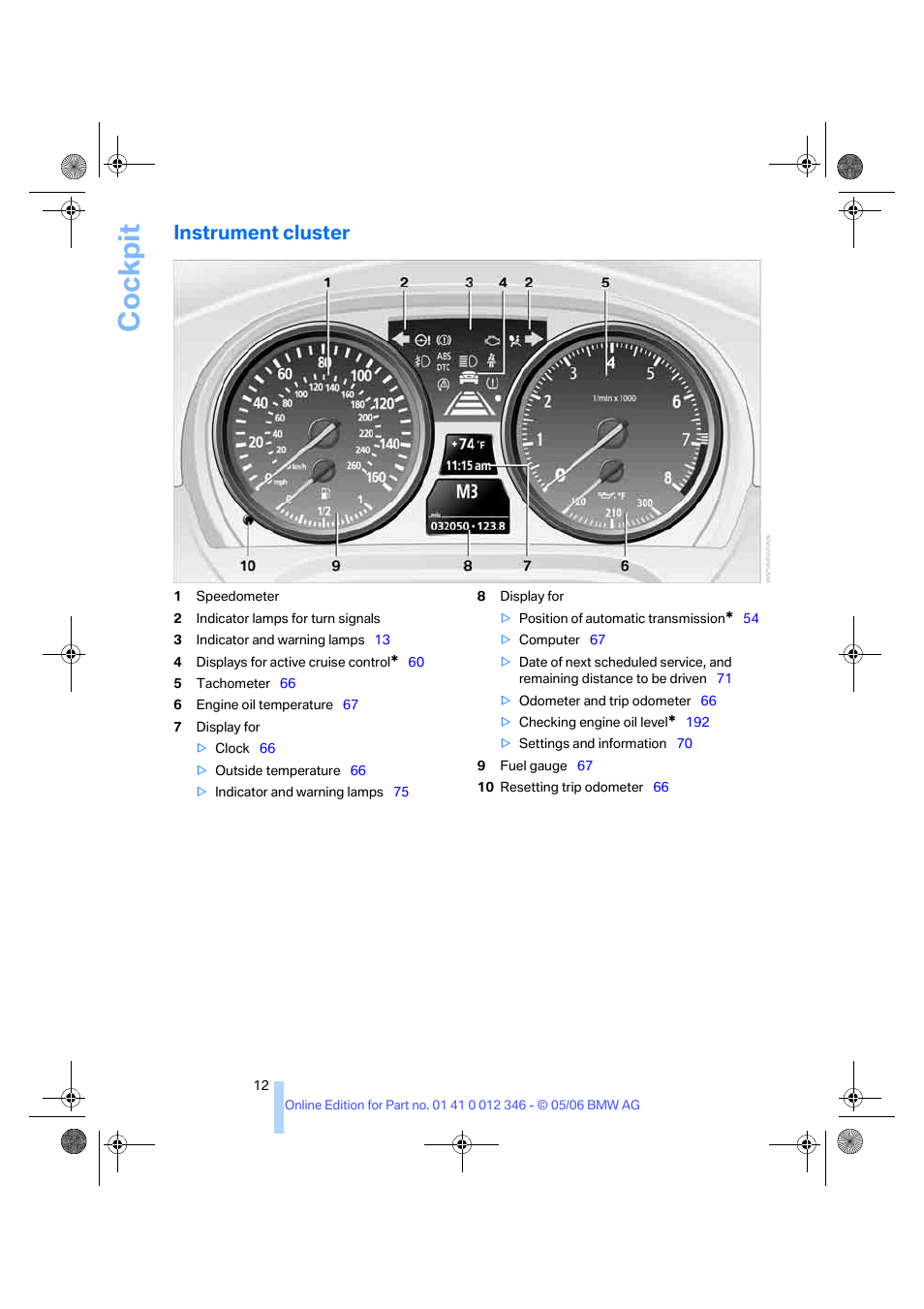 Instrument cluster, Cockpit | BMW 330Ci Coupe 2006 User Manual | Page 14 / 239