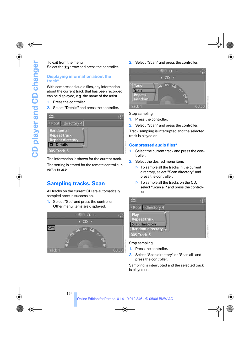 Sampling tracks, scan, Cd player and cd changer | BMW 330Ci Coupe 2006 User Manual | Page 156 / 239