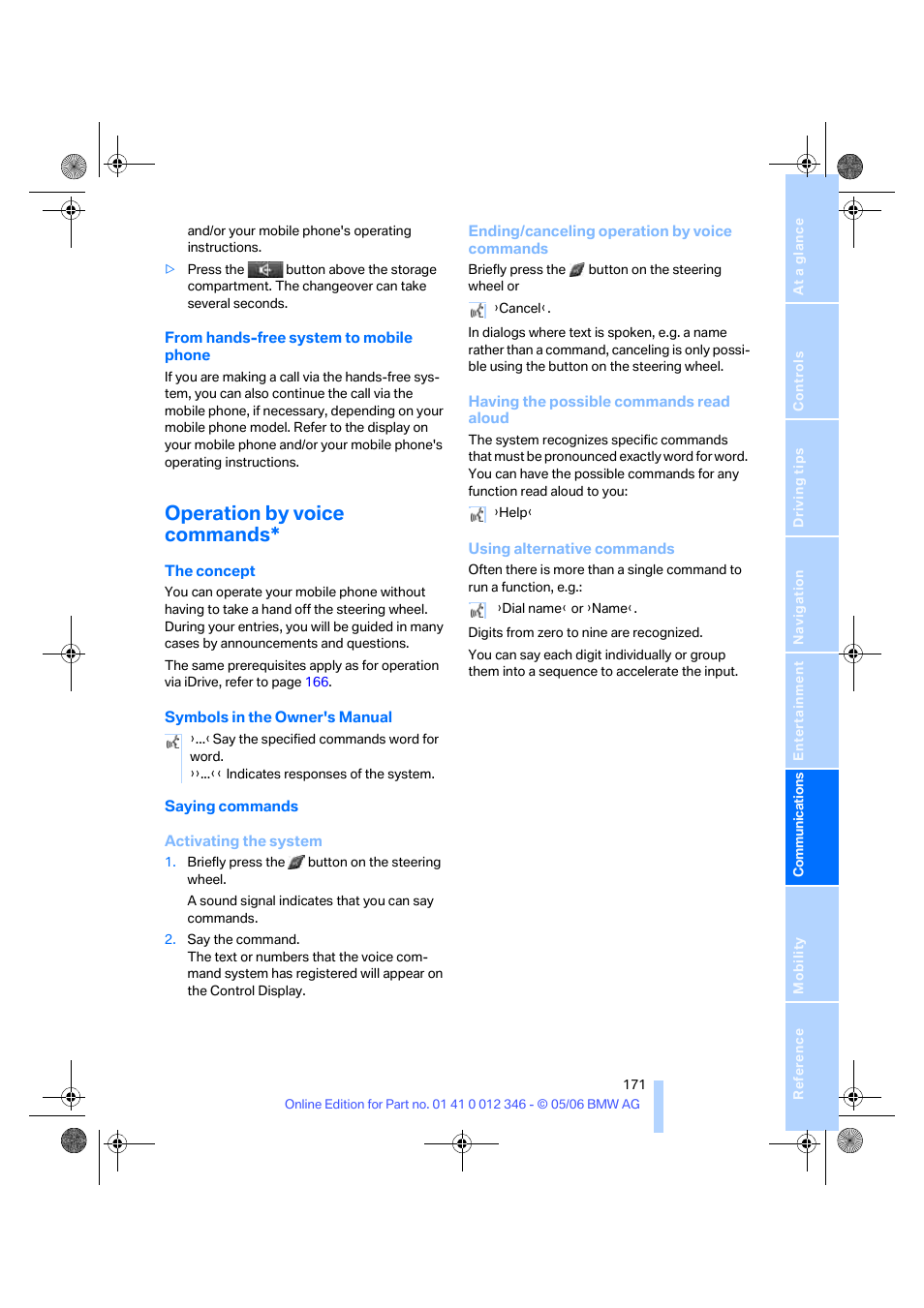 Operation by voice commands | BMW 330Ci Coupe 2006 User Manual | Page 173 / 239