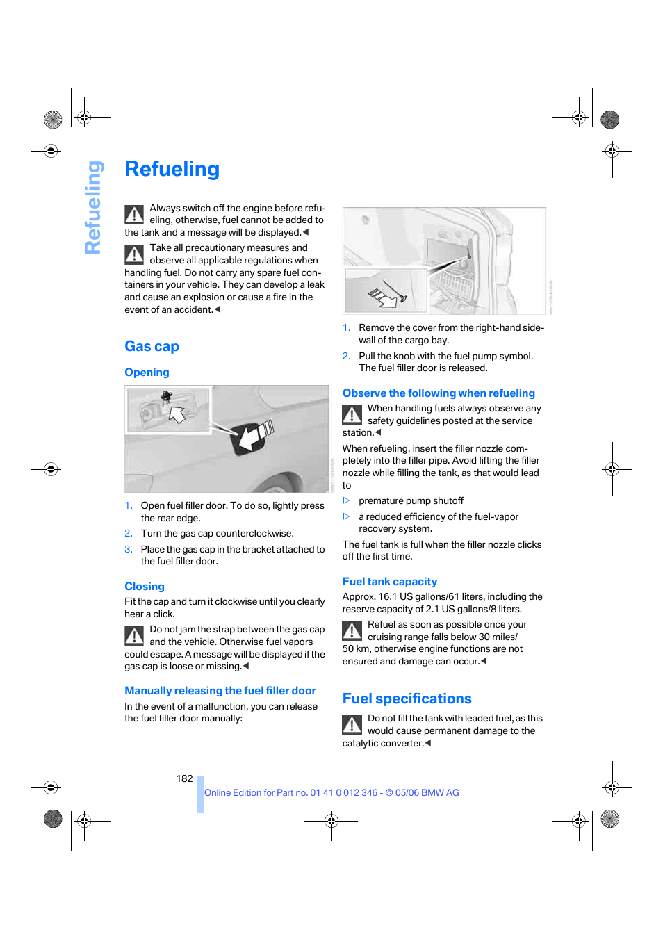 Refueling, Gas cap, Fuel specifications | Lity, Re fueling | BMW 330Ci Coupe 2006 User Manual | Page 184 / 239