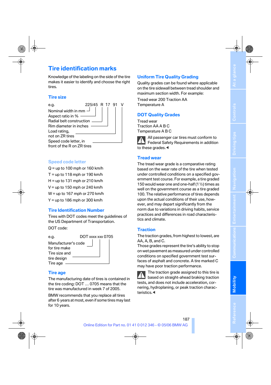 Tire identification marks | BMW 330Ci Coupe 2006 User Manual | Page 189 / 239