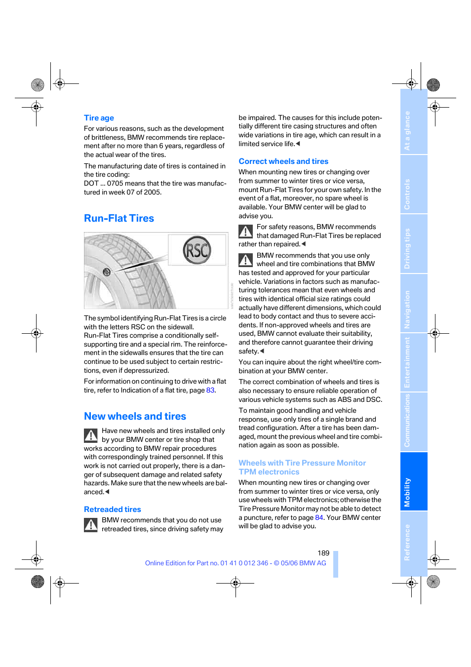 Run-flat tires, New wheels and tires | BMW 330Ci Coupe 2006 User Manual | Page 191 / 239