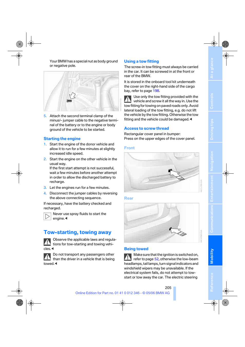 Tow-starting, towing away | BMW 330Ci Coupe 2006 User Manual | Page 207 / 239