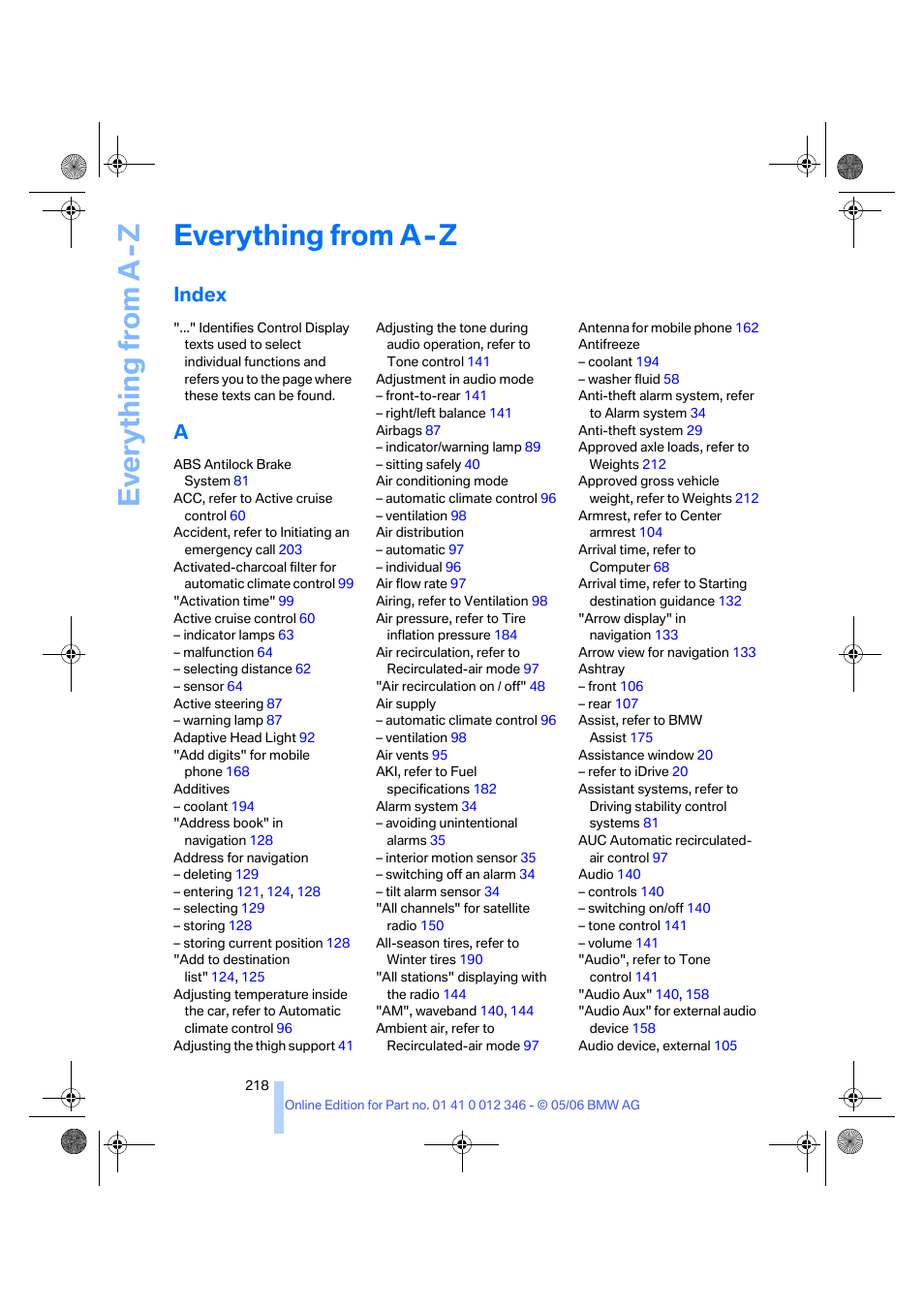 Everything from a - z, Index, Ev e ryth ing from a -z | Everything from a-z | BMW 330Ci Coupe 2006 User Manual | Page 220 / 239