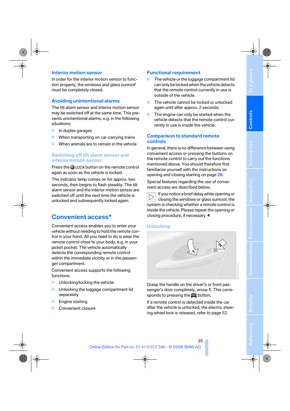 Convenient access, E: interior motion sensor, r | BMW 330Ci Coupe 2006 User Manual | Page 37 / 239