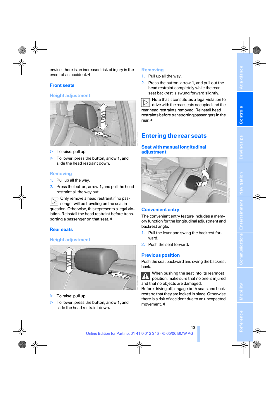 Entering the rear seats | BMW 330Ci Coupe 2006 User Manual | Page 45 / 239