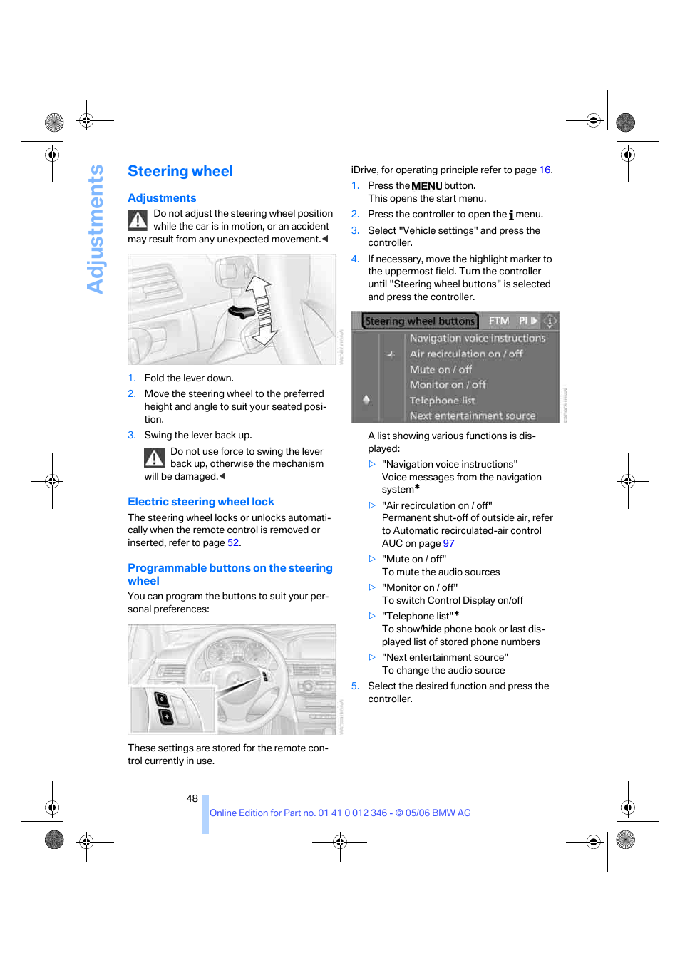 Steering wheel, Ment, Adju stmen ts | BMW 330Ci Coupe 2006 User Manual | Page 50 / 239