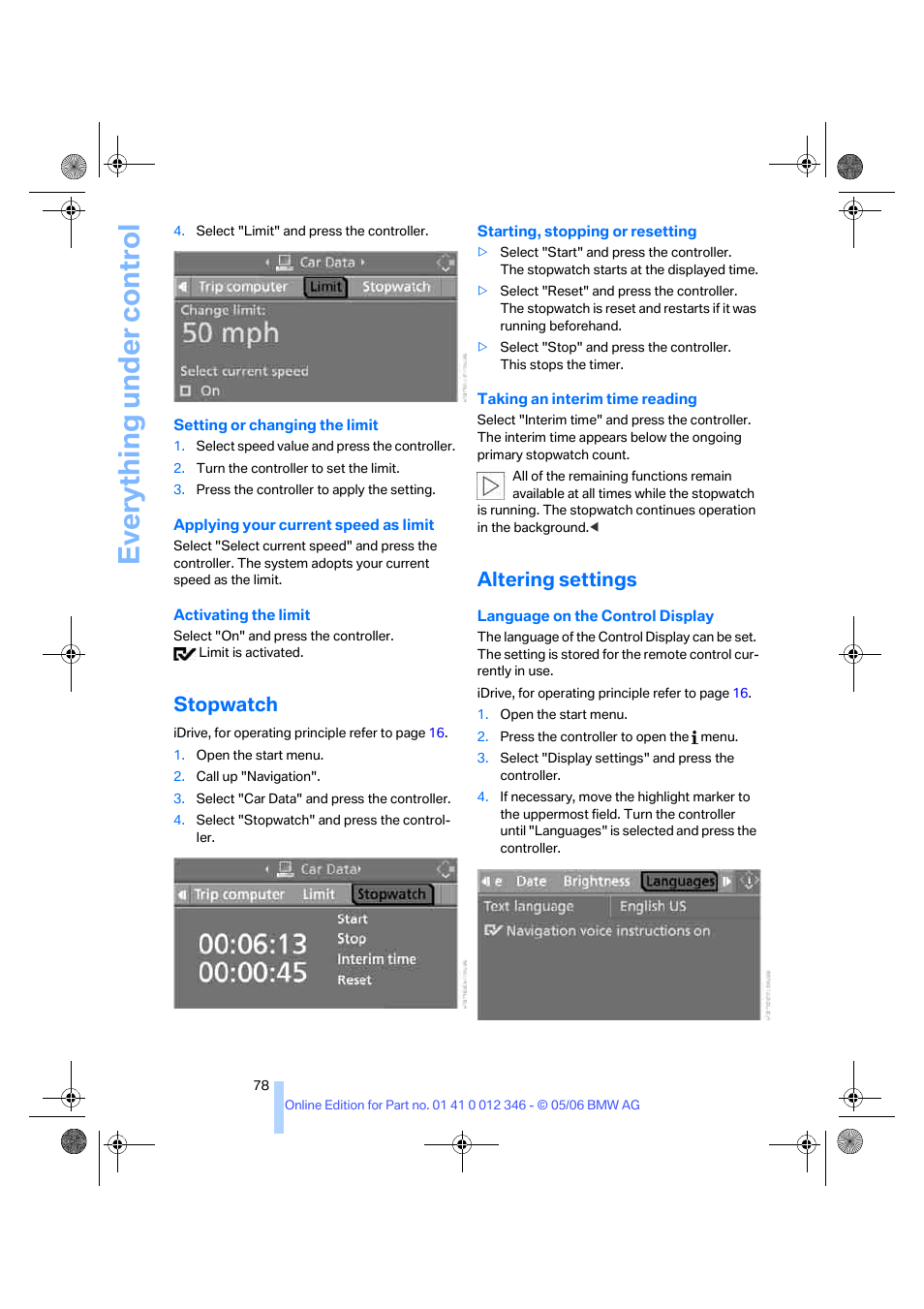 Stopwatch, Altering settings, Language on the control display | Eve ryth ing un de r co nt rol | BMW 330Ci Coupe 2006 User Manual | Page 80 / 239