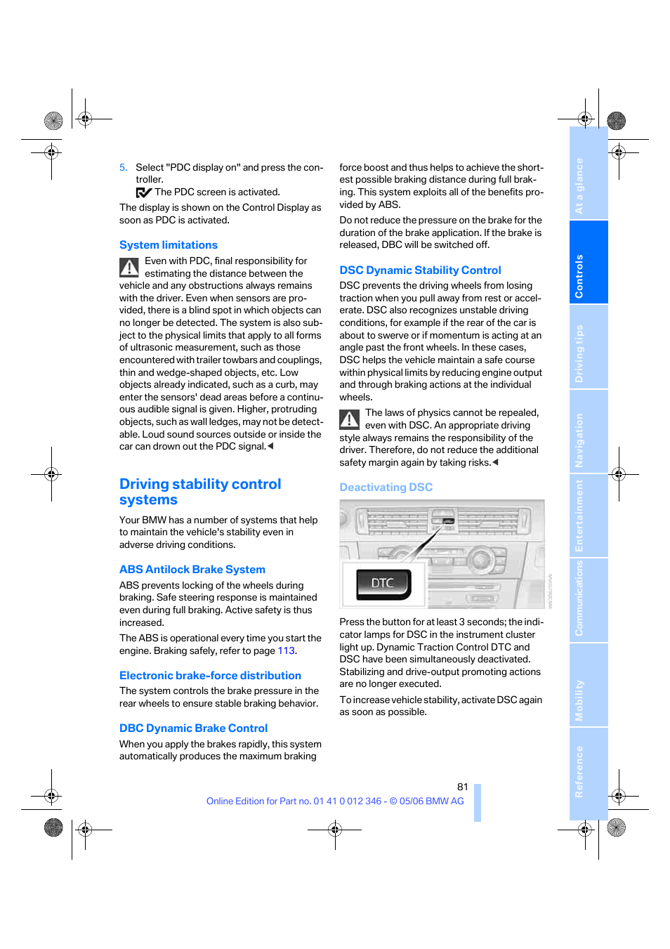 Driving stability control systems | BMW 330Ci Coupe 2006 User Manual | Page 83 / 239