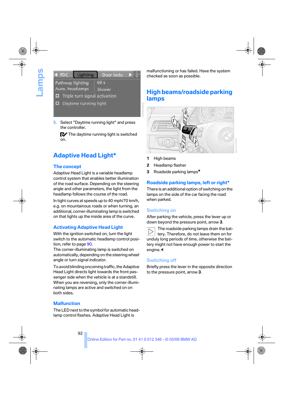 Adaptive head light, High beams/roadside parking lamps, La mp s | BMW 330Ci Coupe 2006 User Manual | Page 94 / 239