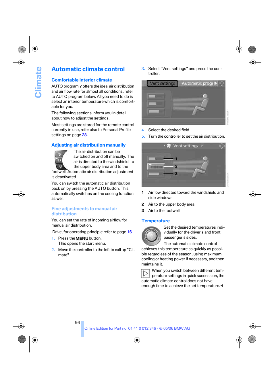 Automatic climate control, Climate | BMW 330Ci Coupe 2006 User Manual | Page 98 / 239