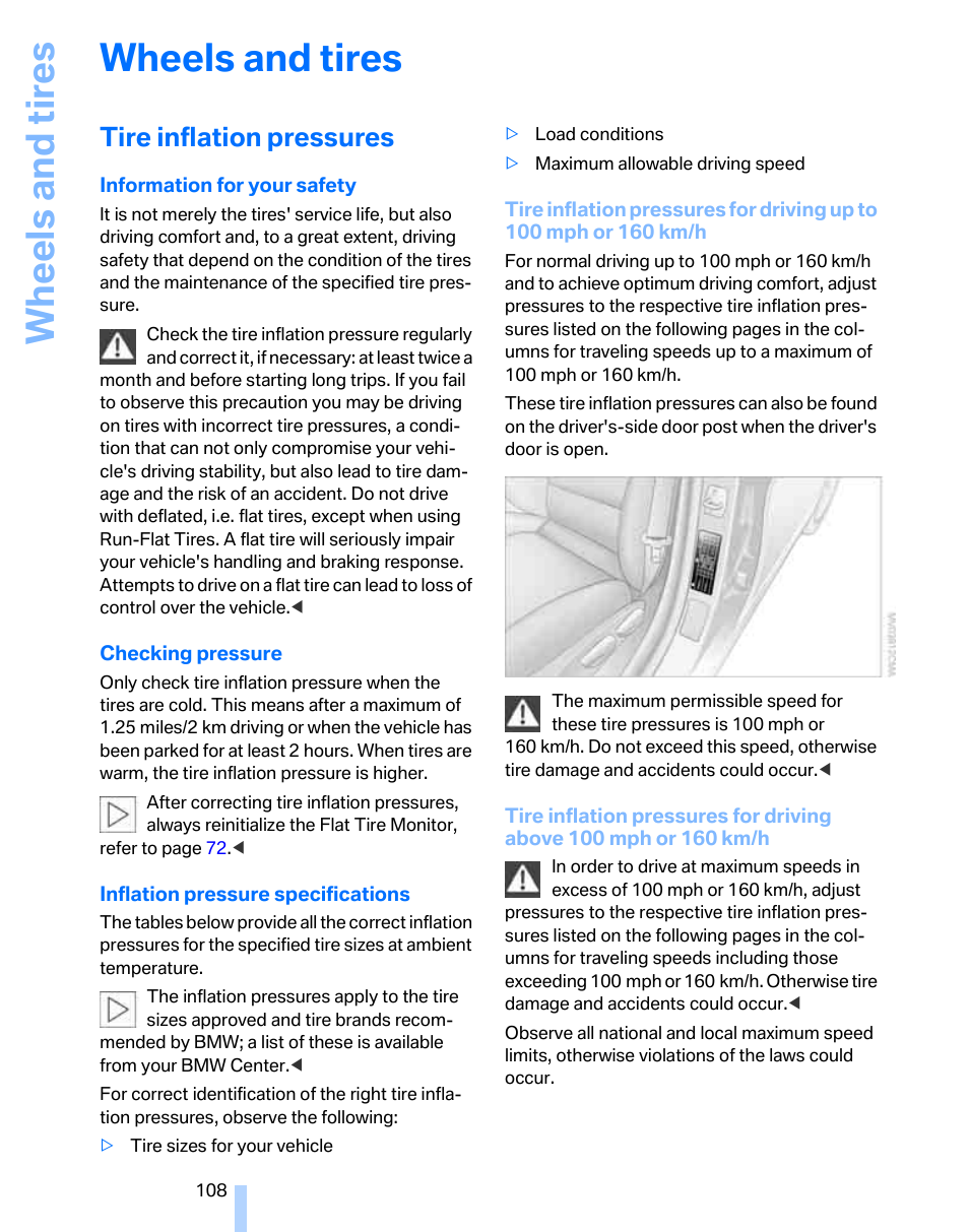 Wheels and tires, Tire inflation pressures, Wh eels and tire s | BMW 325i Sedan 2006 User Manual | Page 110 / 166