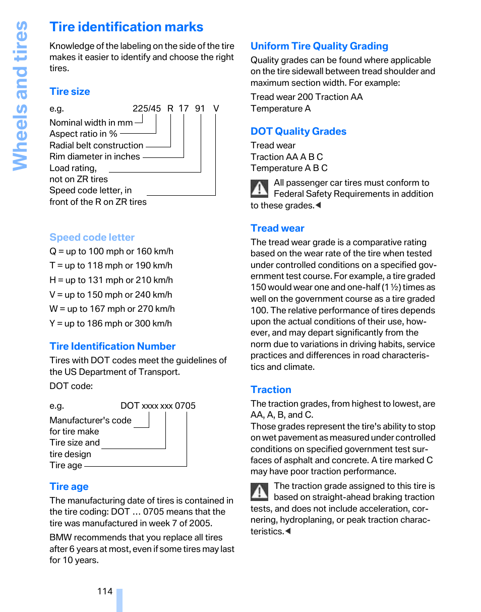 Tire identification marks, Wh eels and tire s | BMW 325i Sedan 2006 User Manual | Page 116 / 166