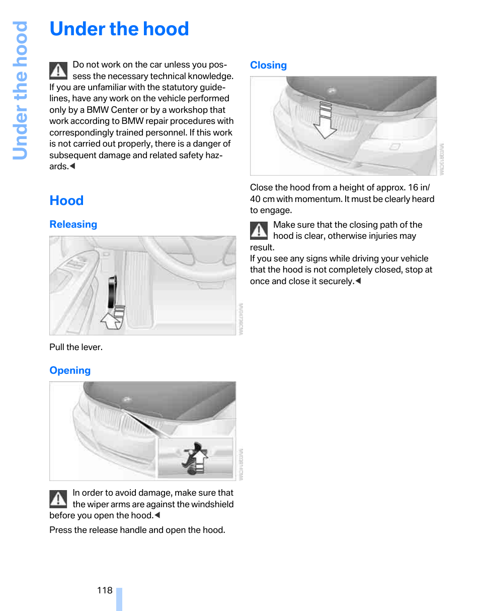 Under the hood, Hood, Under the ho od | BMW 325i Sedan 2006 User Manual | Page 120 / 166