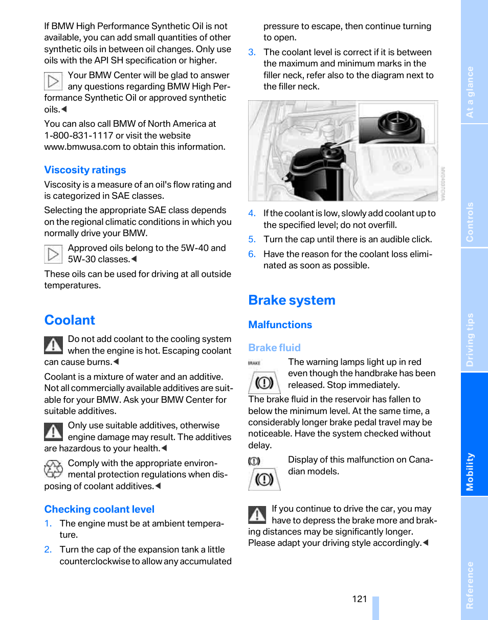 Coolant, Brake system | BMW 325i Sedan 2006 User Manual | Page 123 / 166