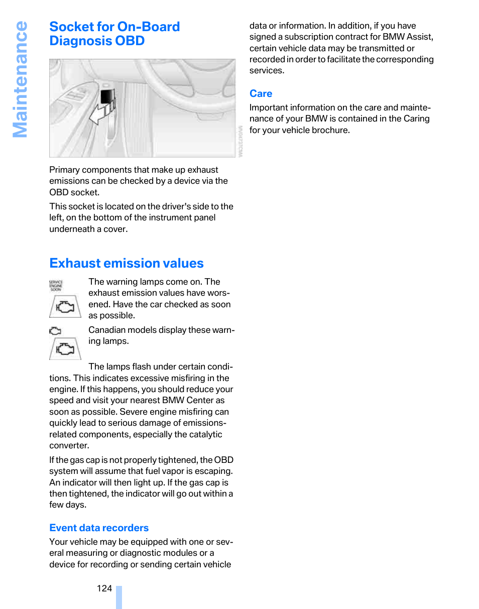 Socket for on-board diagnosis obd, Exhaust emission values, Maintenance | BMW 325i Sedan 2006 User Manual | Page 126 / 166