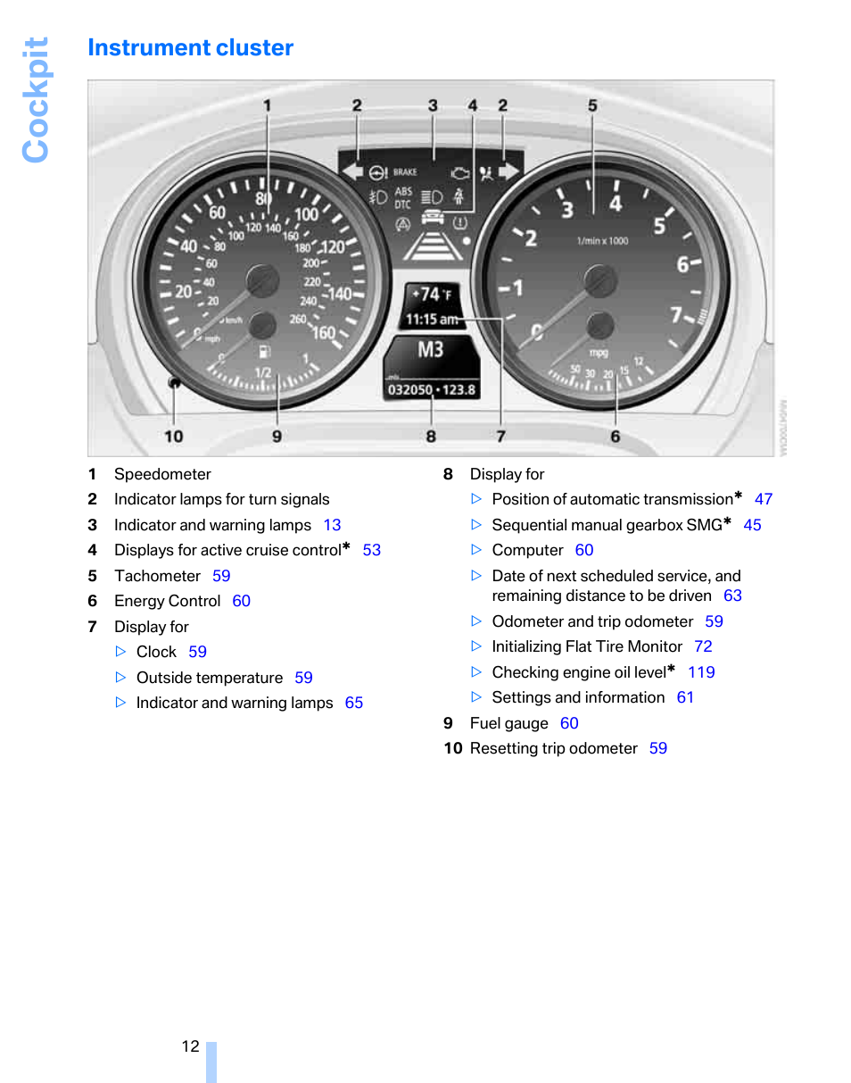 Instrument cluster, Cockpit | BMW 325i Sedan 2006 User Manual | Page 14 / 166