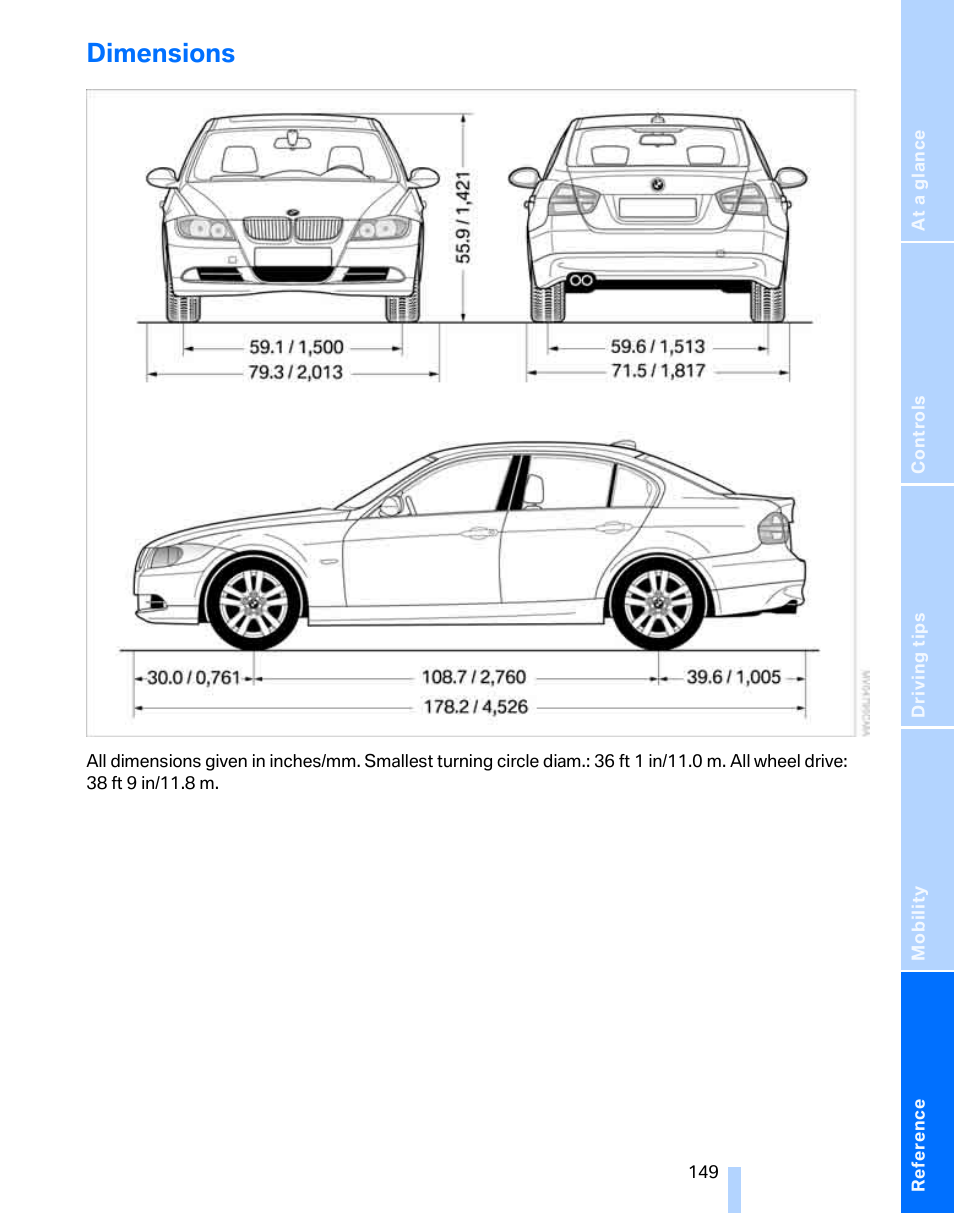 Dimensions | BMW 325i Sedan 2006 User Manual | Page 151 / 166