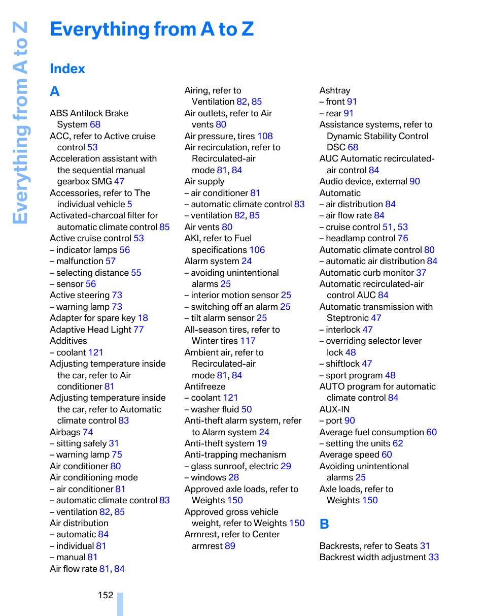 Keywords a-z, Index, Everything from a to z | Index a | BMW 325i Sedan 2006 User Manual | Page 154 / 166