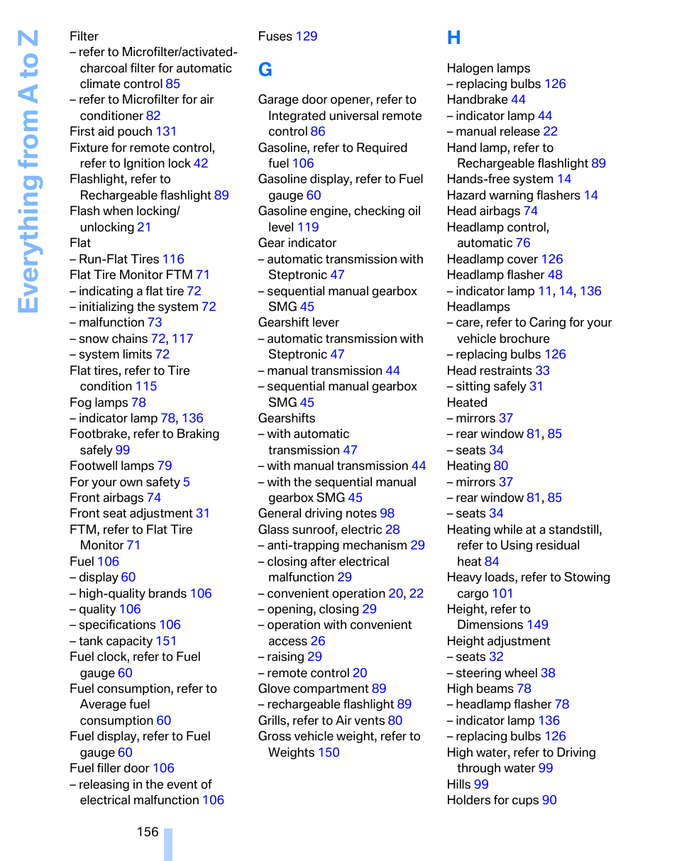 Everything from a to z | BMW 325i Sedan 2006 User Manual | Page 158 / 166