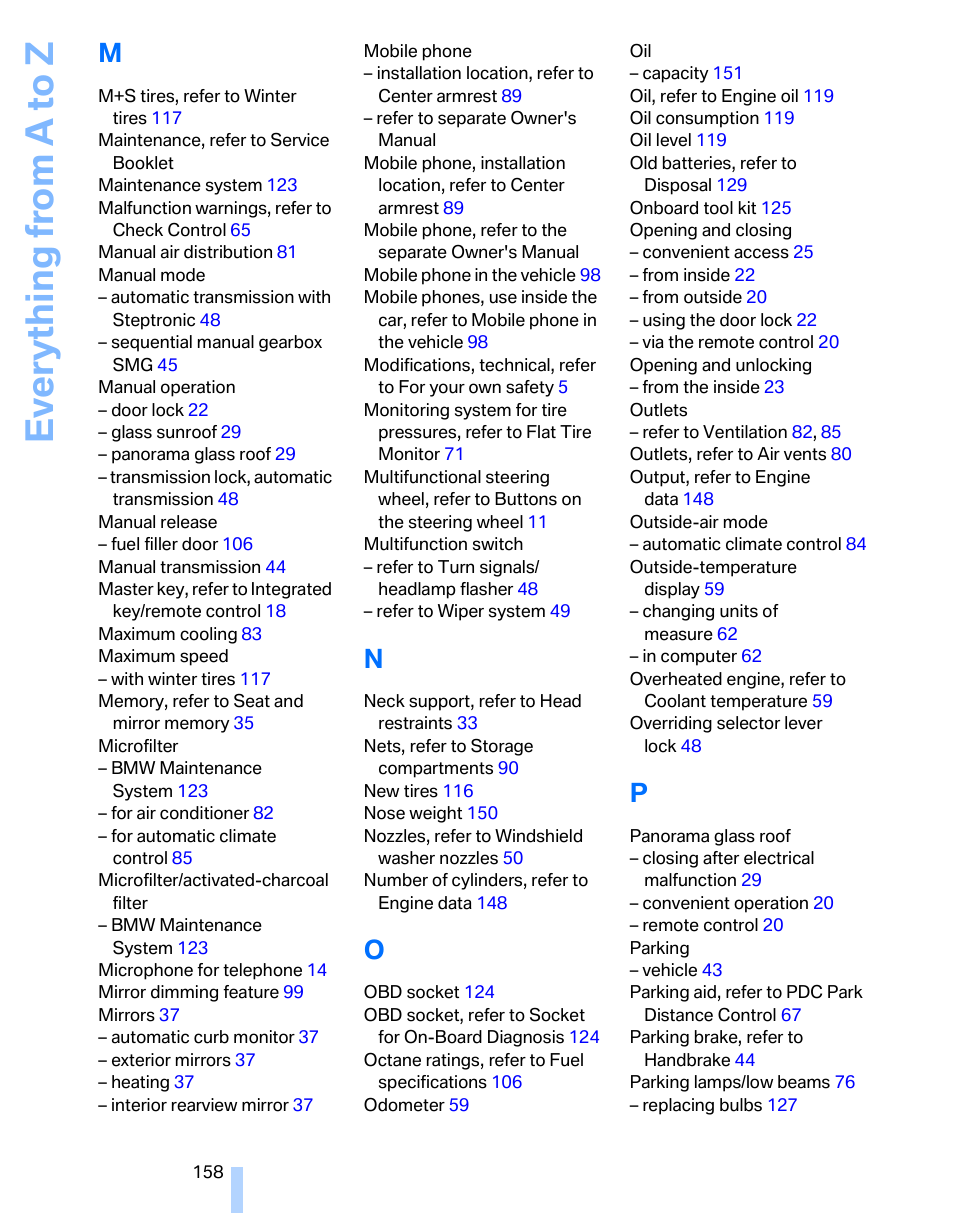 Everything from a to z | BMW 325i Sedan 2006 User Manual | Page 160 / 166