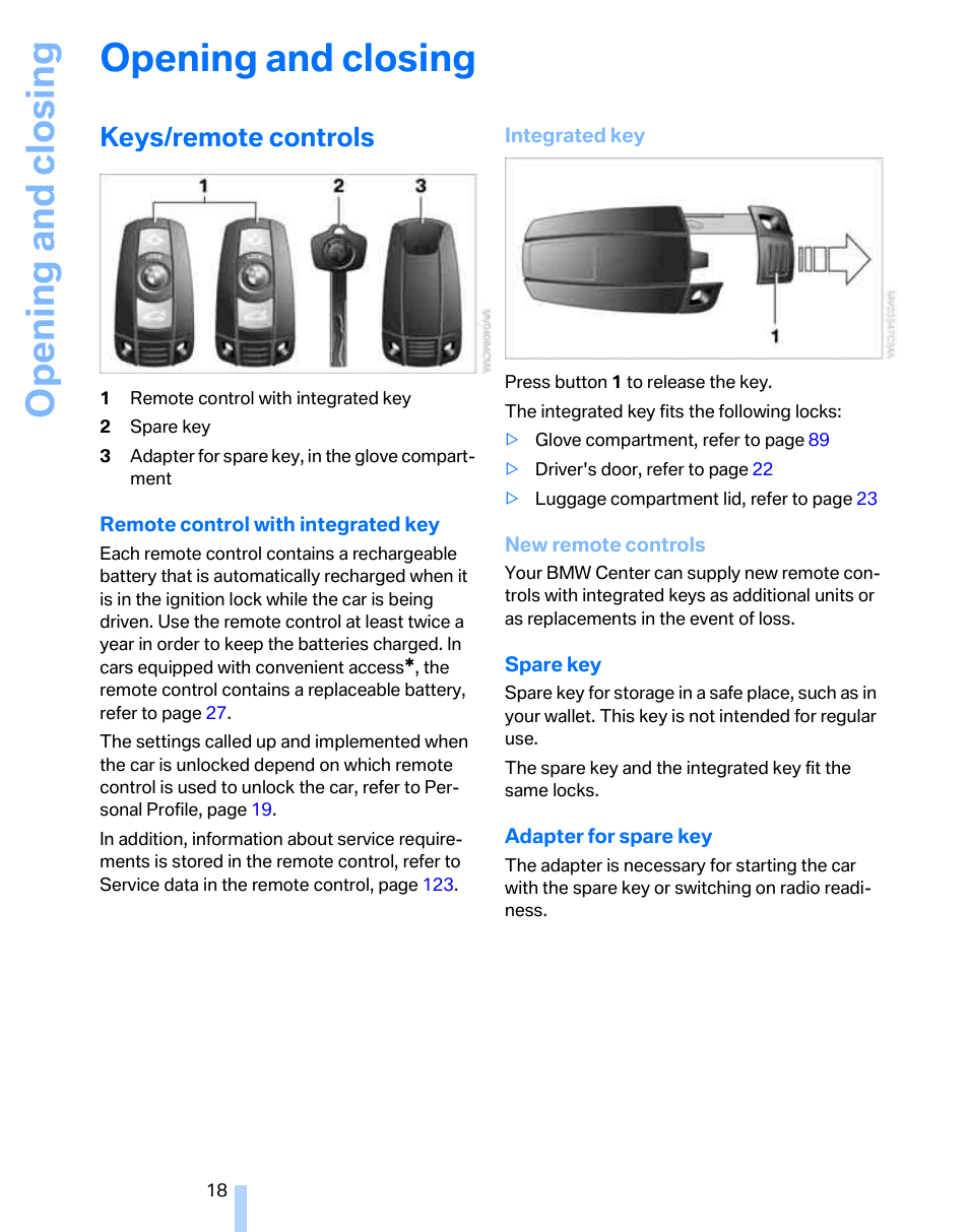 Opening and closing, Keys/remote controls | BMW 325i Sedan 2006 User Manual | Page 20 / 166