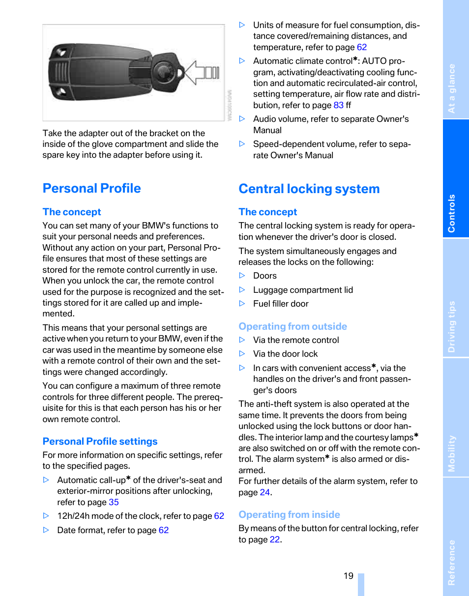 Personal profile, Central locking system, Per- sonal profile | BMW 325i Sedan 2006 User Manual | Page 21 / 166