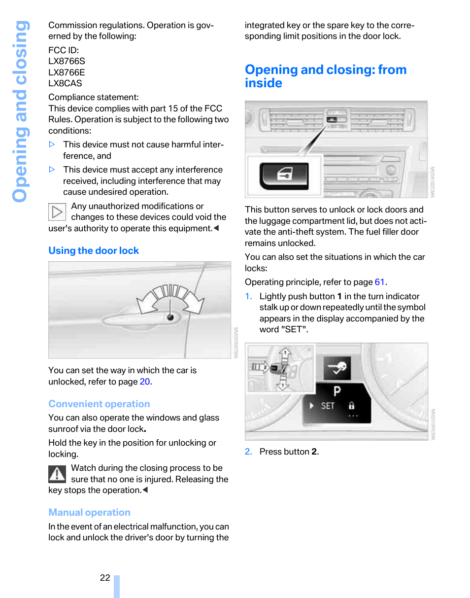 Opening and closing: from inside, Opening and closing | BMW 325i Sedan 2006 User Manual | Page 24 / 166