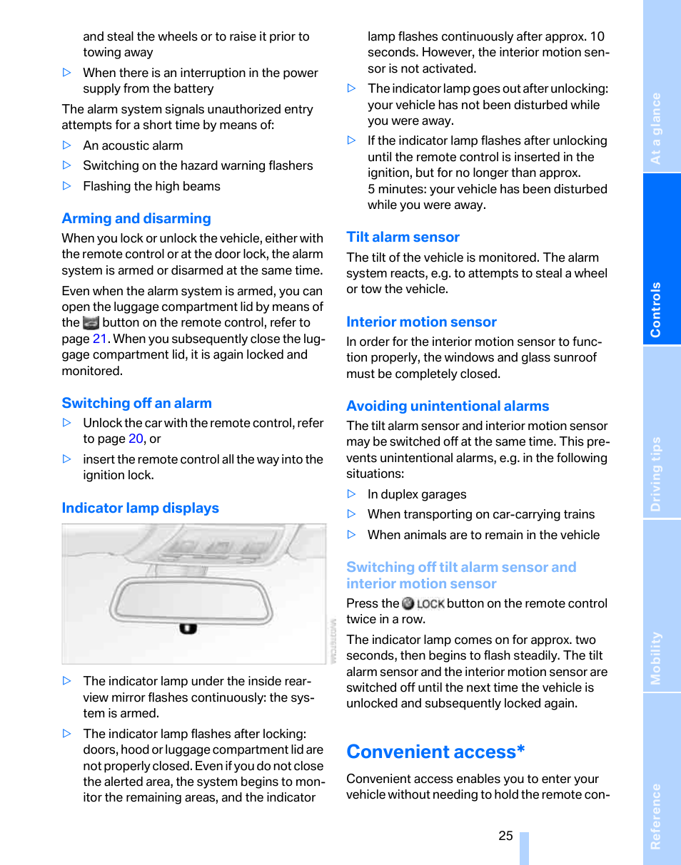 Convenient access, Switching off an alarm, E: interior motion sensor | BMW 325i Sedan 2006 User Manual | Page 27 / 166