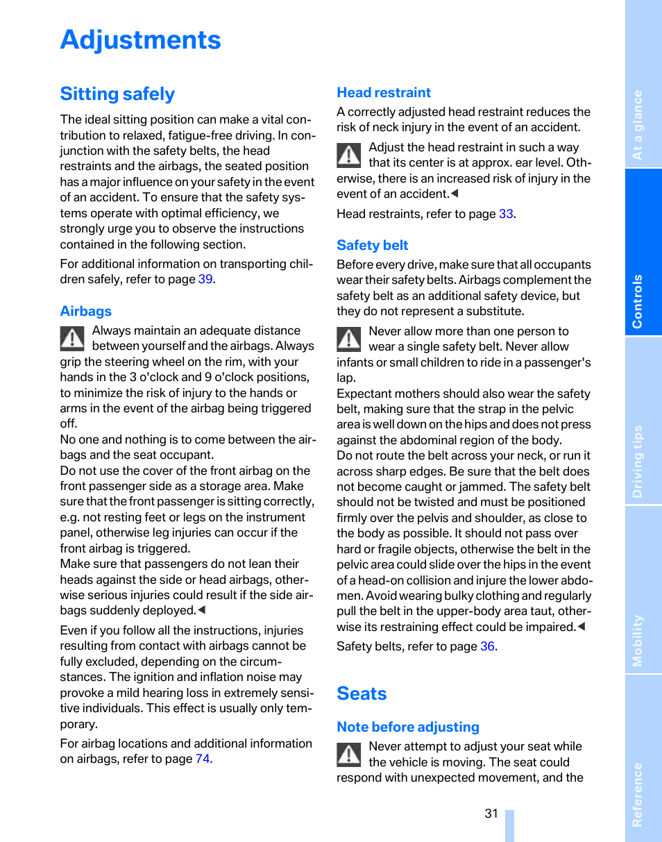 Adjustments, Sitting safely, Seats | BMW 325i Sedan 2006 User Manual | Page 33 / 166