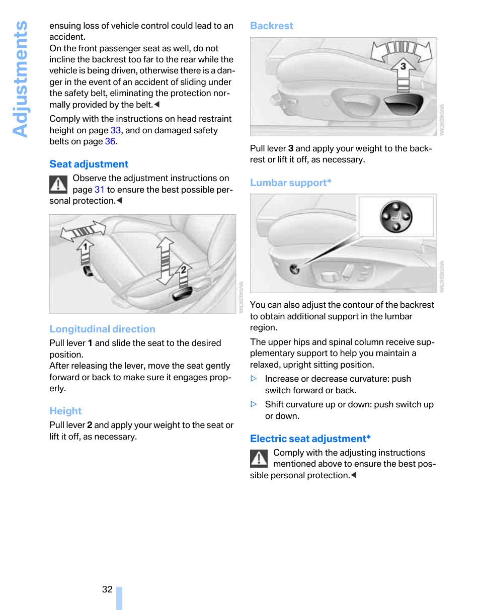 Adju stmen ts | BMW 325i Sedan 2006 User Manual | Page 34 / 166