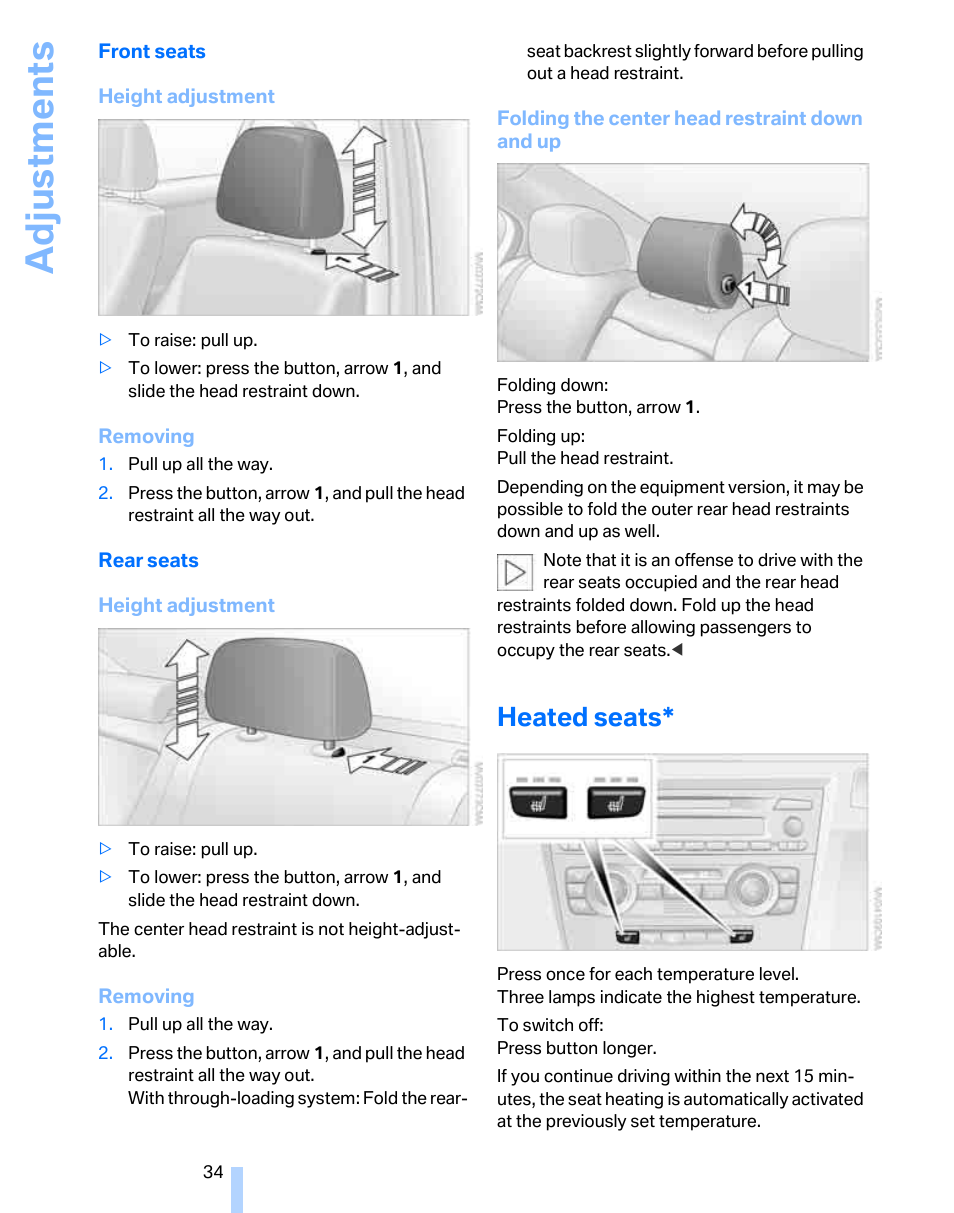 Heated seats, Adju stmen ts | BMW 325i Sedan 2006 User Manual | Page 36 / 166