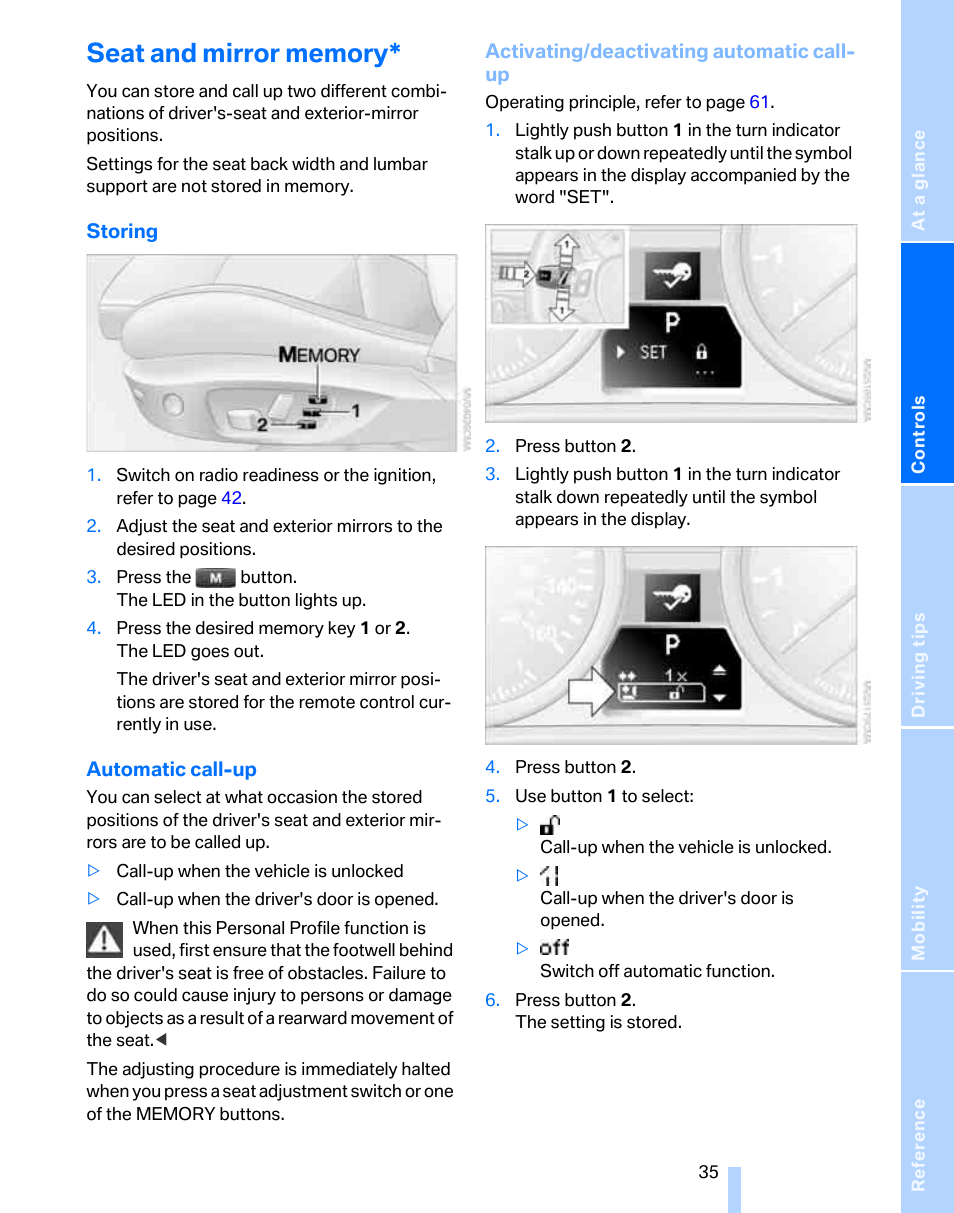 Seat and mirror memory | BMW 325i Sedan 2006 User Manual | Page 37 / 166