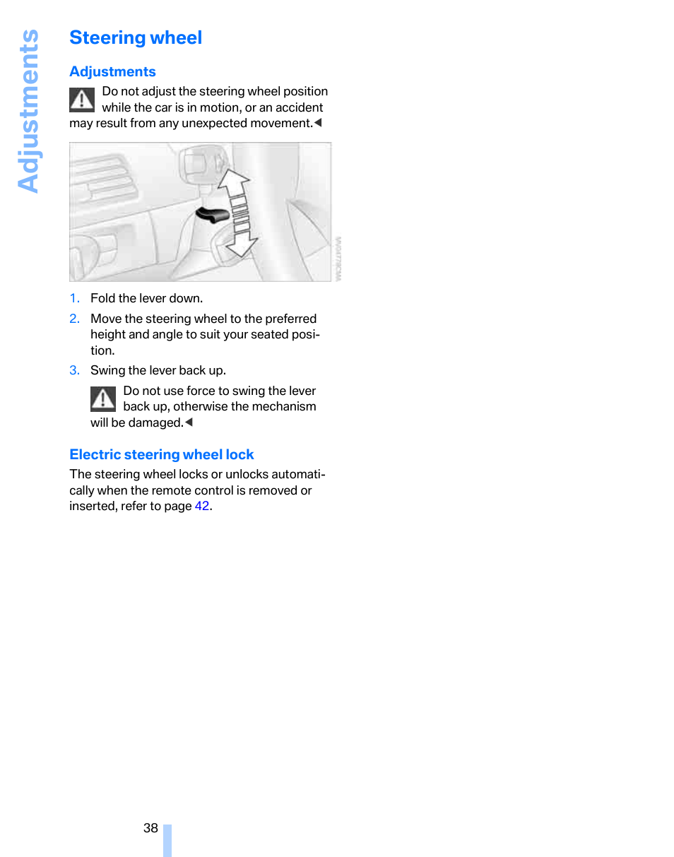 Steering wheel, Ment, Adju stmen ts | BMW 325i Sedan 2006 User Manual | Page 40 / 166