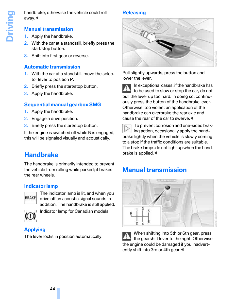 Handbrake, Manual transmission, Driving | BMW 325i Sedan 2006 User Manual | Page 46 / 166