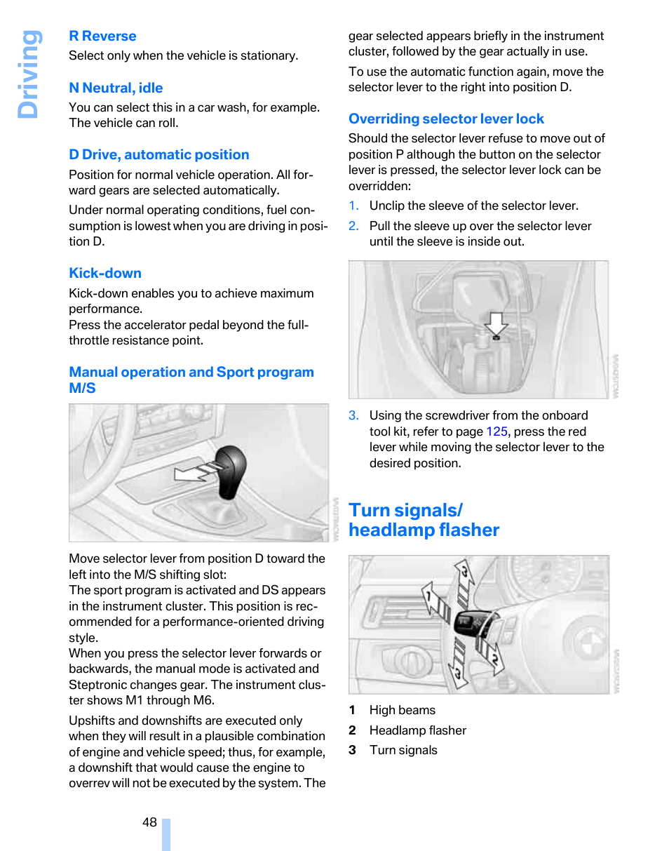 Turn signals/ headlamp flasher, Driving | BMW 325i Sedan 2006 User Manual | Page 50 / 166