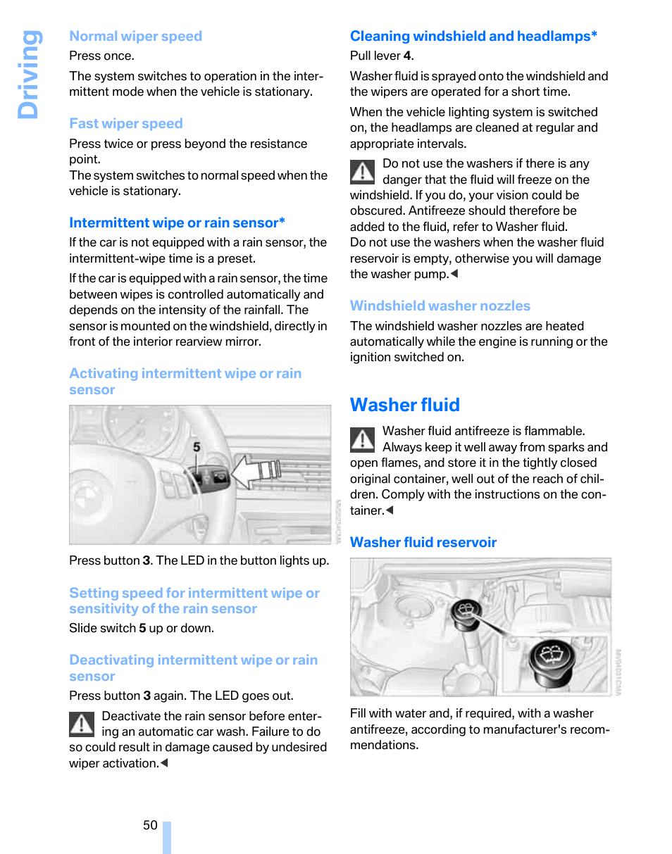 Washer fluid, Driving | BMW 325i Sedan 2006 User Manual | Page 52 / 166