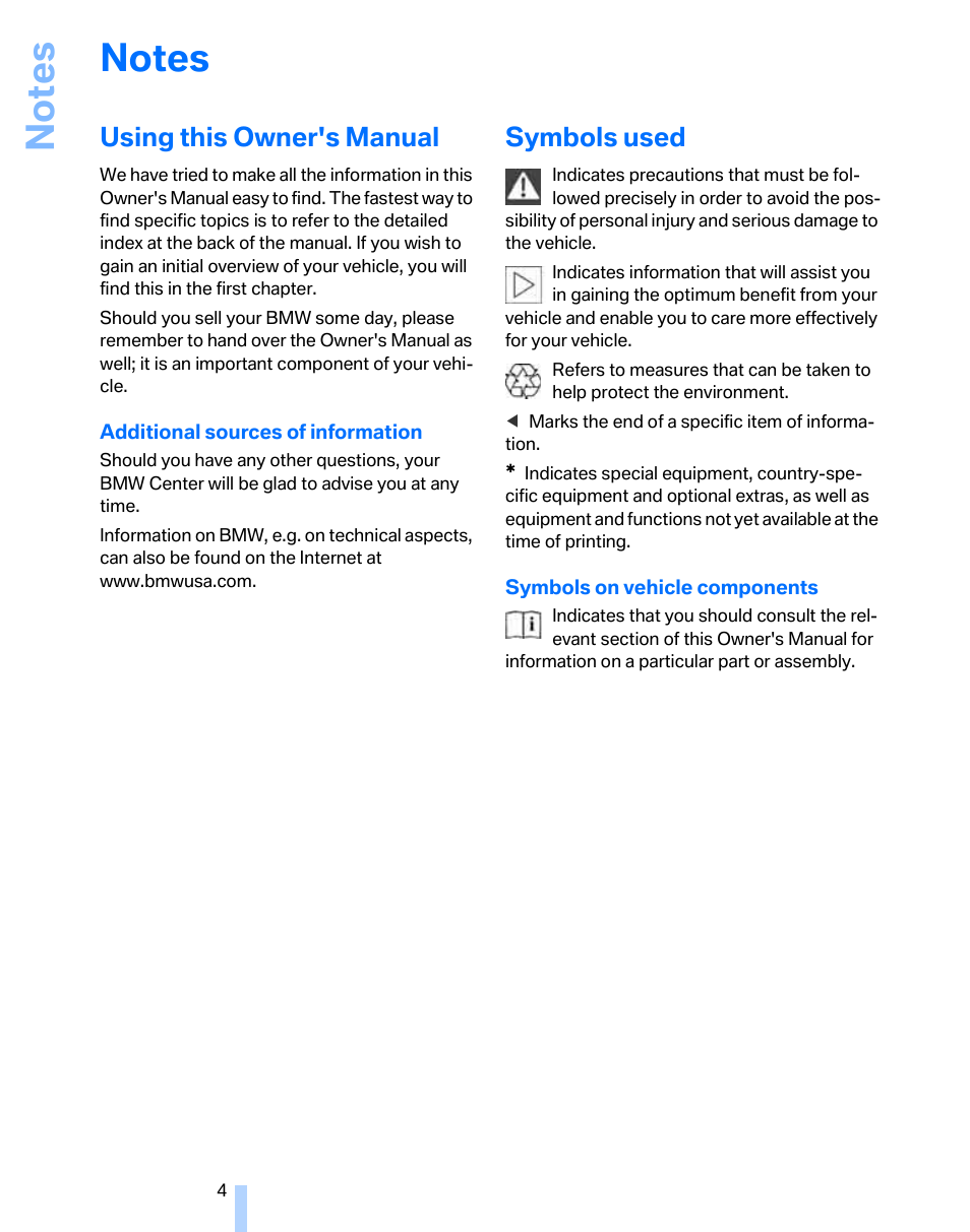 Notes, Using this owner's manual, Symbols used | BMW 325i Sedan 2006 User Manual | Page 6 / 166