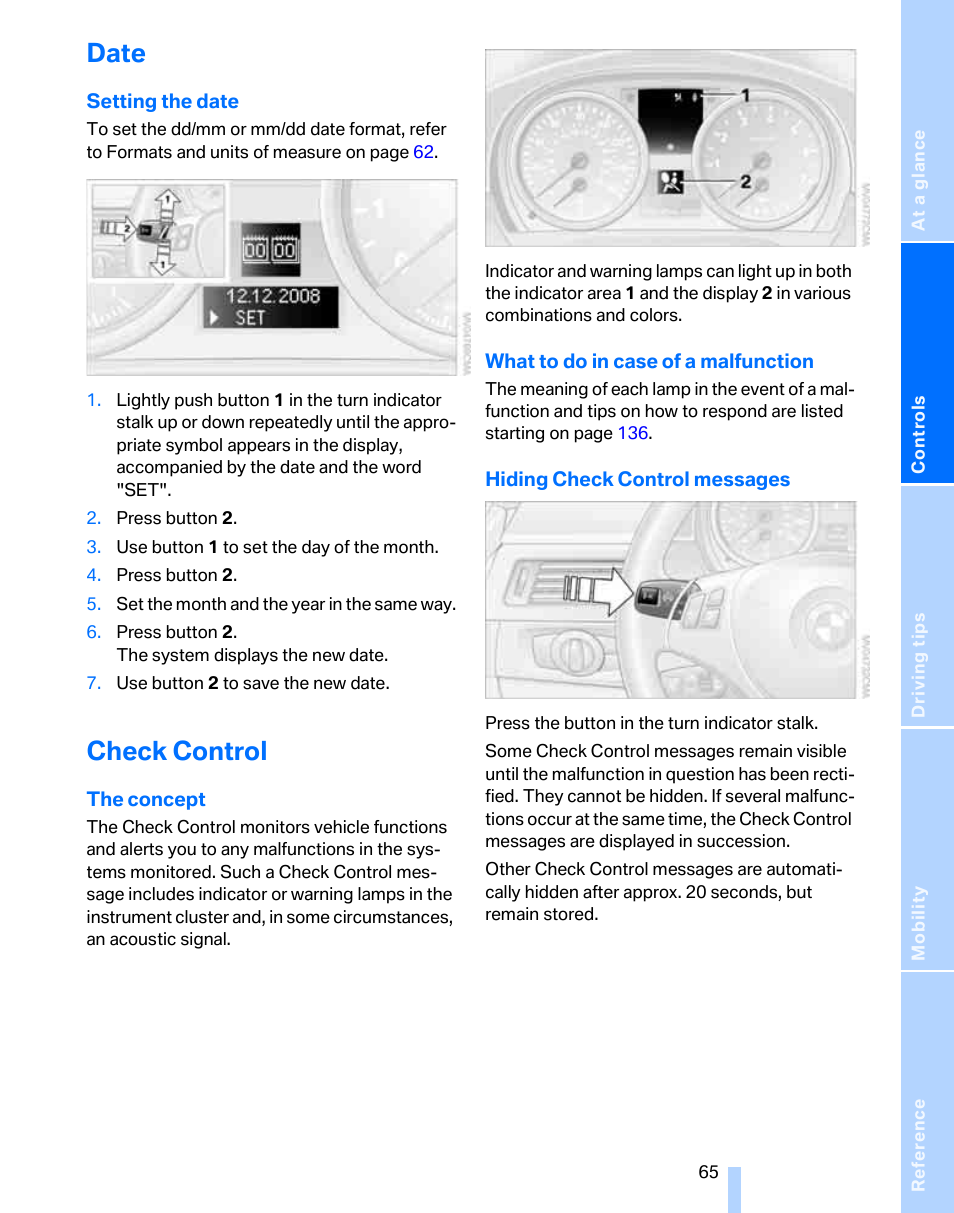 Date, Check control | BMW 325i Sedan 2006 User Manual | Page 67 / 166