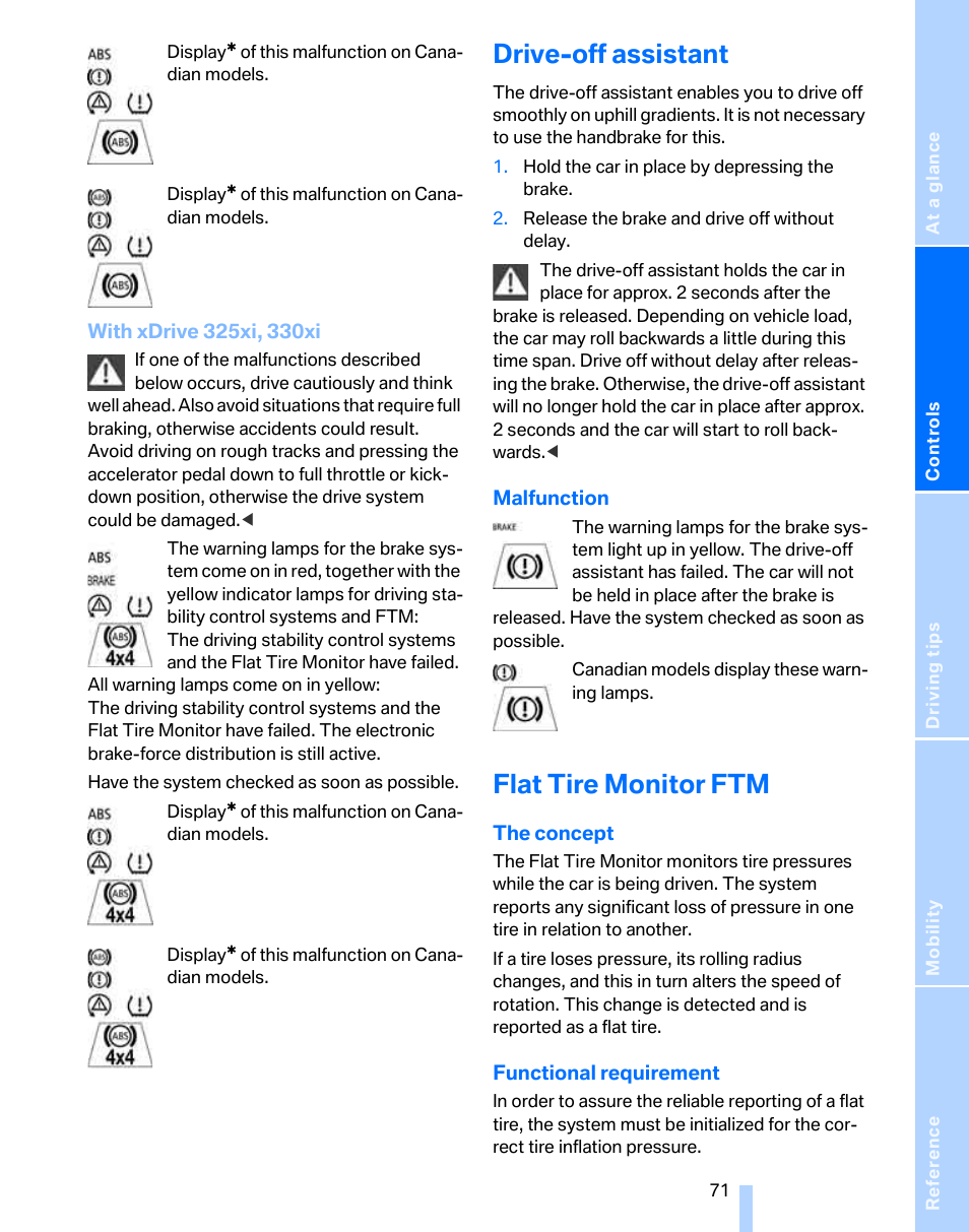 Drive-off assistant, Flat tire monitor ftm | BMW 325i Sedan 2006 User Manual | Page 73 / 166