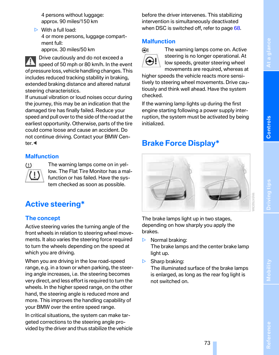 Active steering, Brake force display | BMW 325i Sedan 2006 User Manual | Page 75 / 166