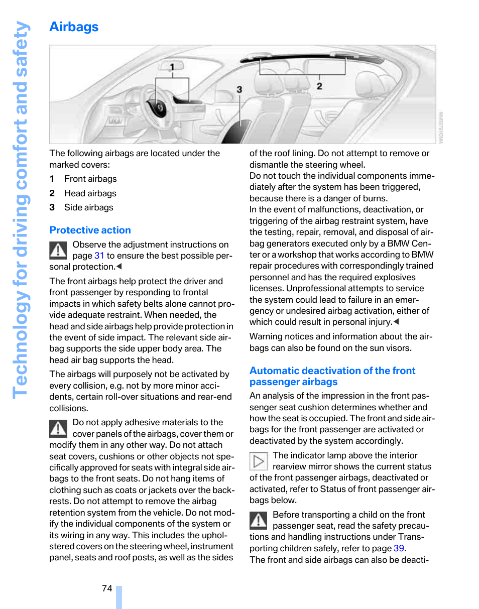 Airbags, Te chnology for driving comfort and safe ty | BMW 325i Sedan 2006 User Manual | Page 76 / 166